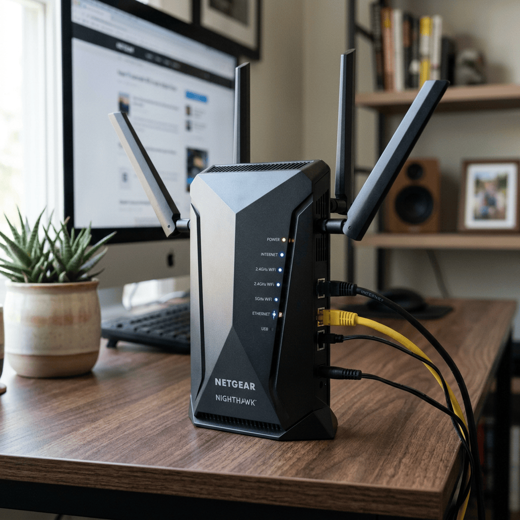 NETGEAR Nighthawk router with antennas and connected Ethernet cables