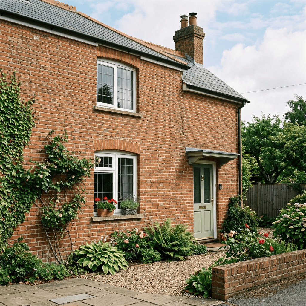 Red brick cottage with green door, sash windows, and flower-filled garden