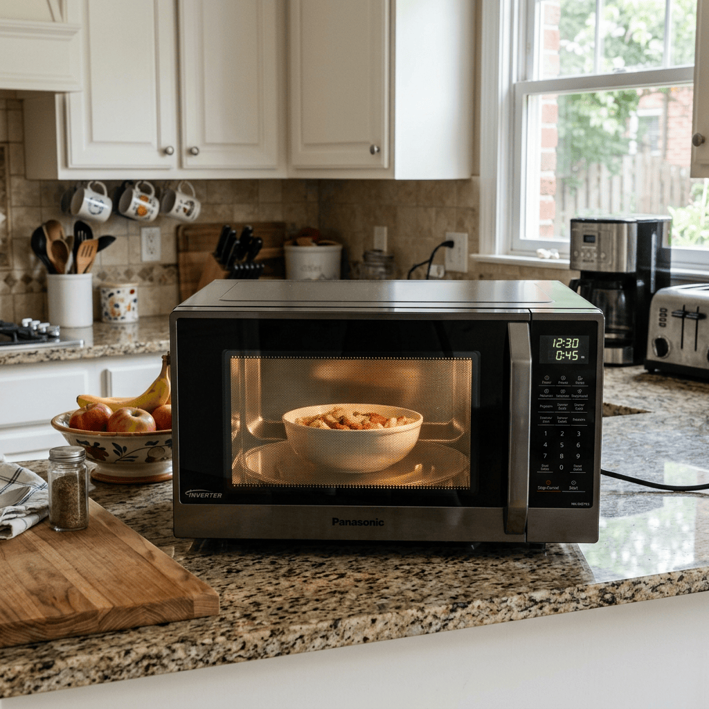 Panasonic microwave heating a bowl of food on a kitchen counter