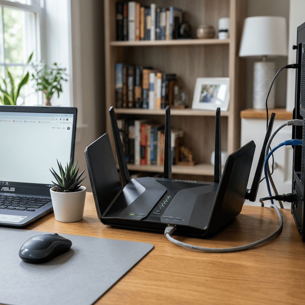 Wi-Fi router with antennas beside laptop, desktop computer, and potted plant