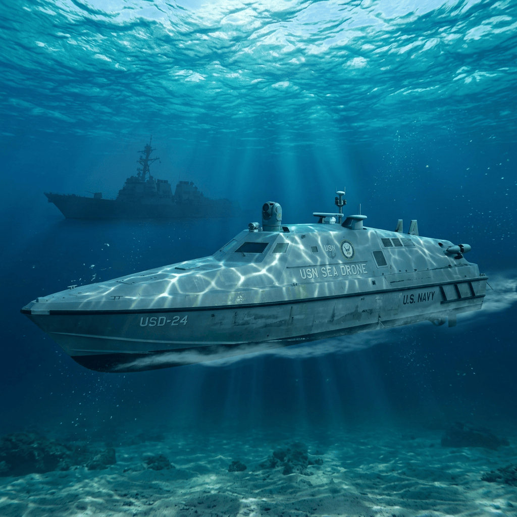 U.S. Navy sea drone USD-24 traveling through rough ocean waves