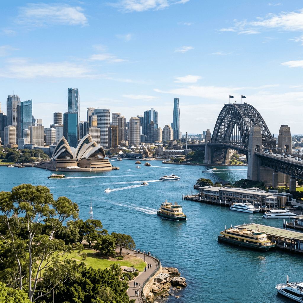 Sydney Opera House and Harbour Bridge across a busy blue harbor
