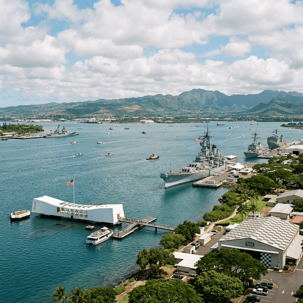 USS Arizona Memorial and battleships in Pearl Harbor beneath mountain ranges