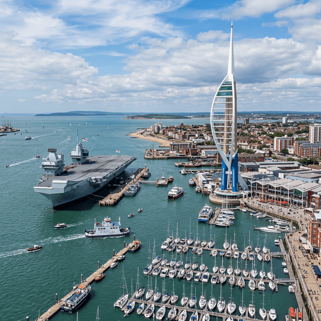 Aerial view of Portsmouth harbor with HMS Queen Elizabeth, Spinnaker Tower, and marina