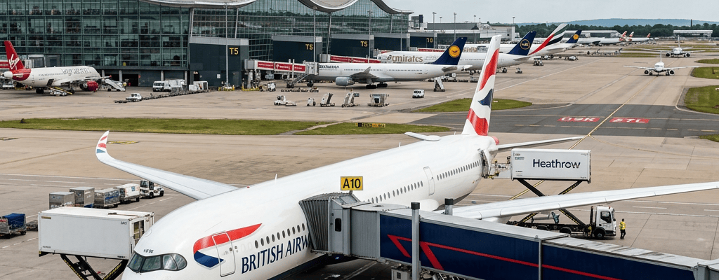 British Airways aircraft parked at Heathrow Airport terminal with planes in background