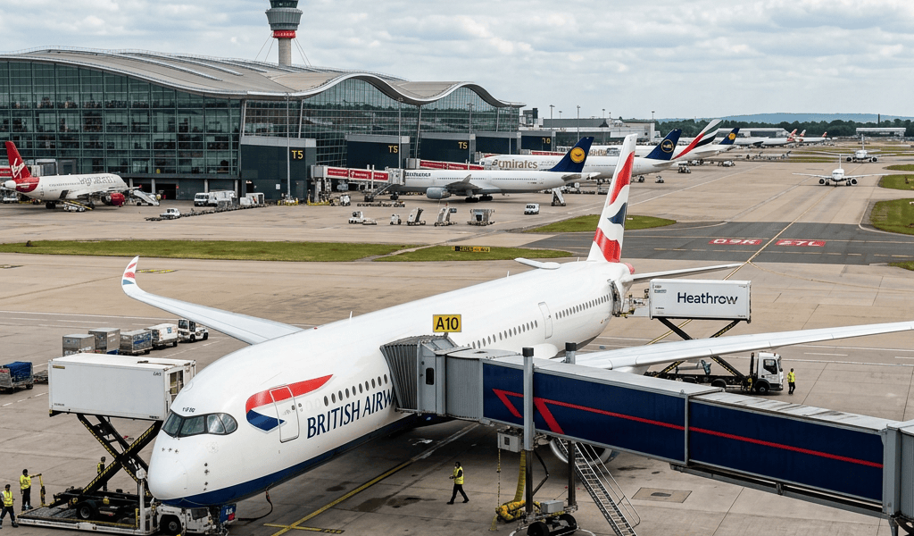 British Airways aircraft parked at Heathrow Airport terminal with planes in background