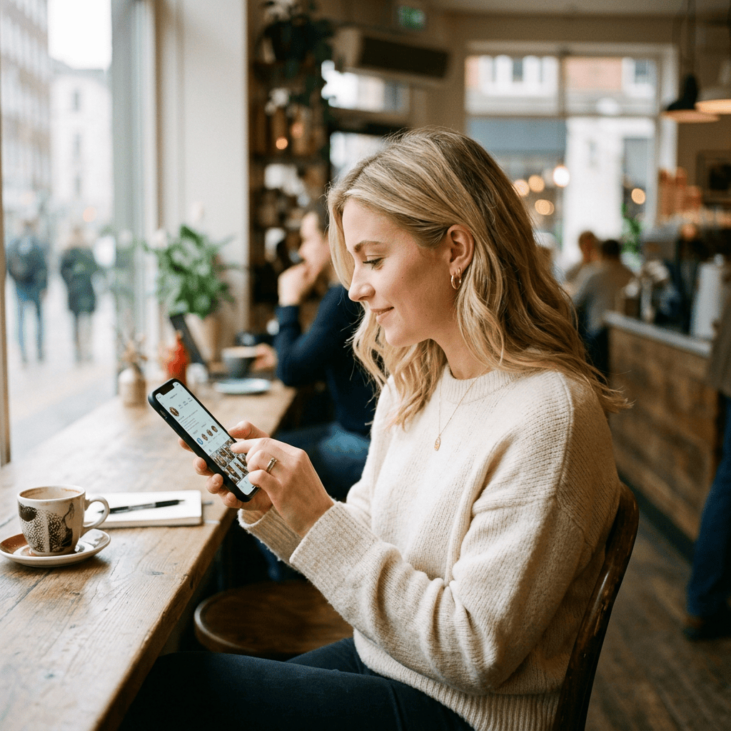 Woman using a smartphone at a café table beside coffee