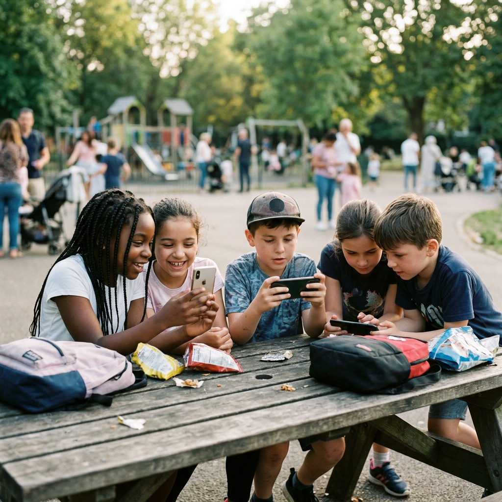 Five children use smartphones together at a picnic table in a park