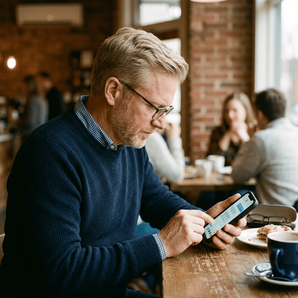 Man using a smartphone at a café table with coffee and pastry