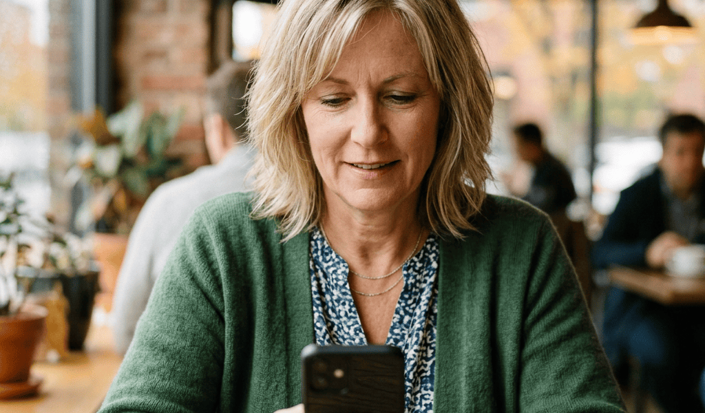 Woman using a smartphone while seated at a café table