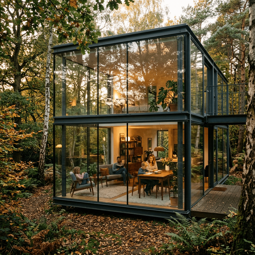 Family gathering inside a modern glass house surrounded by autumn forest