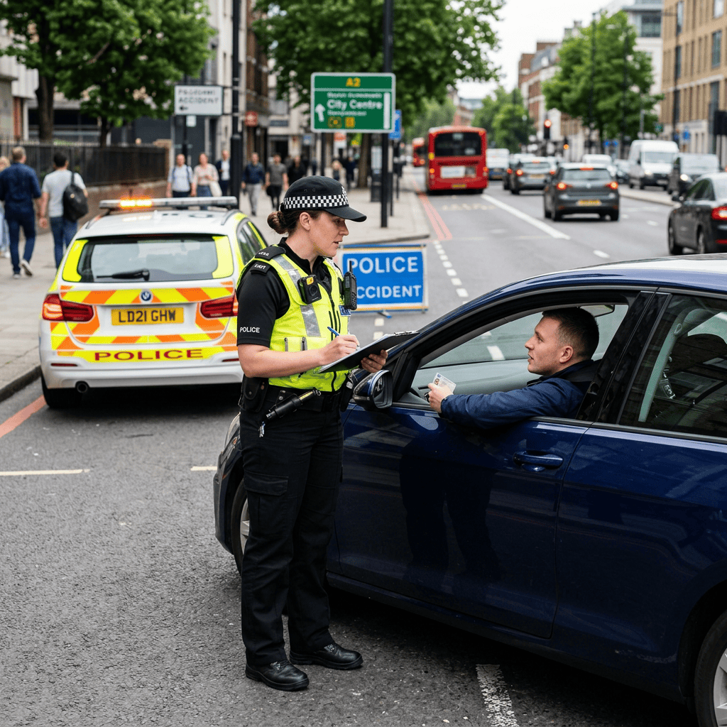 Police officer speaking with driver; signs read “City Centre” and “POLICE ACCIDENT,” plate “LD21 GHW”
