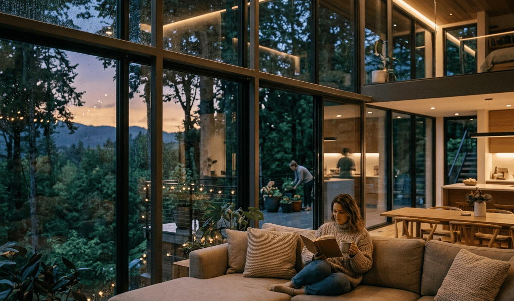 Woman reading on a sofa beside a sleeping dog in a glass-walled home