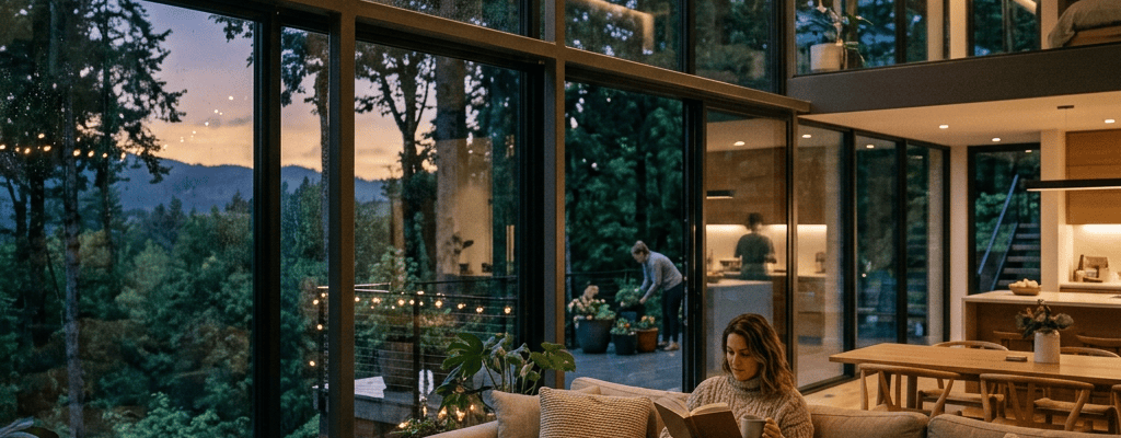 Woman reading on a sofa beside a sleeping dog in a glass-walled home