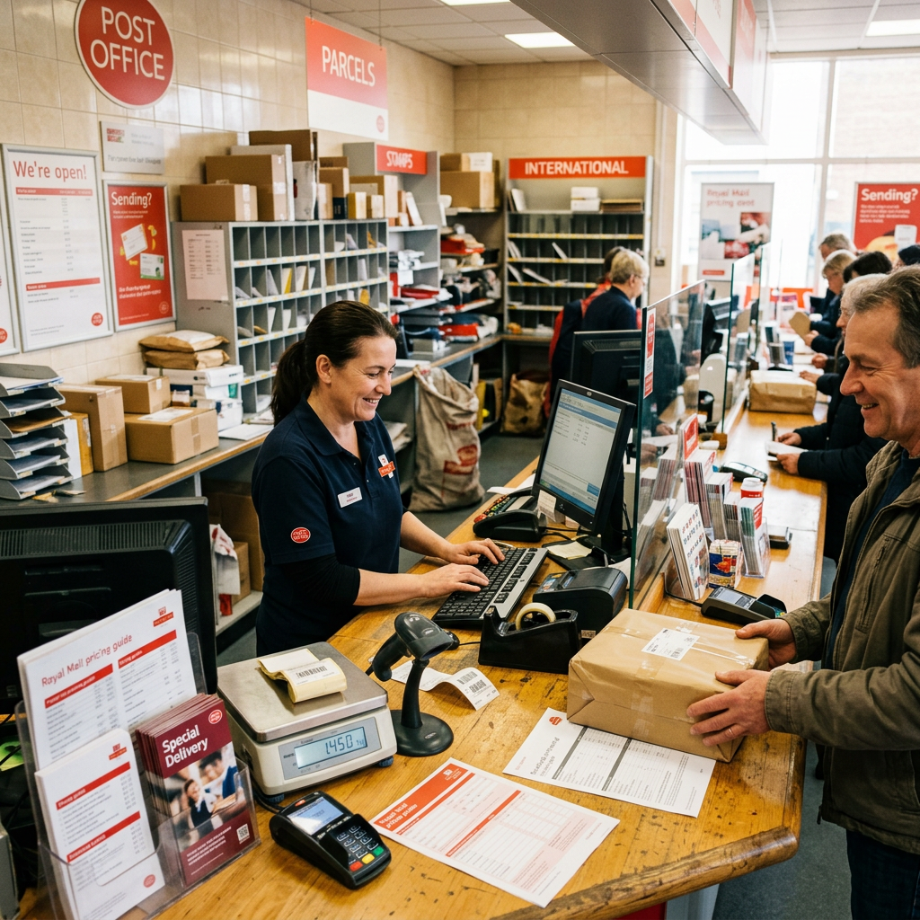 Postal worker serving a customer with a parcel at a Royal Mail counter