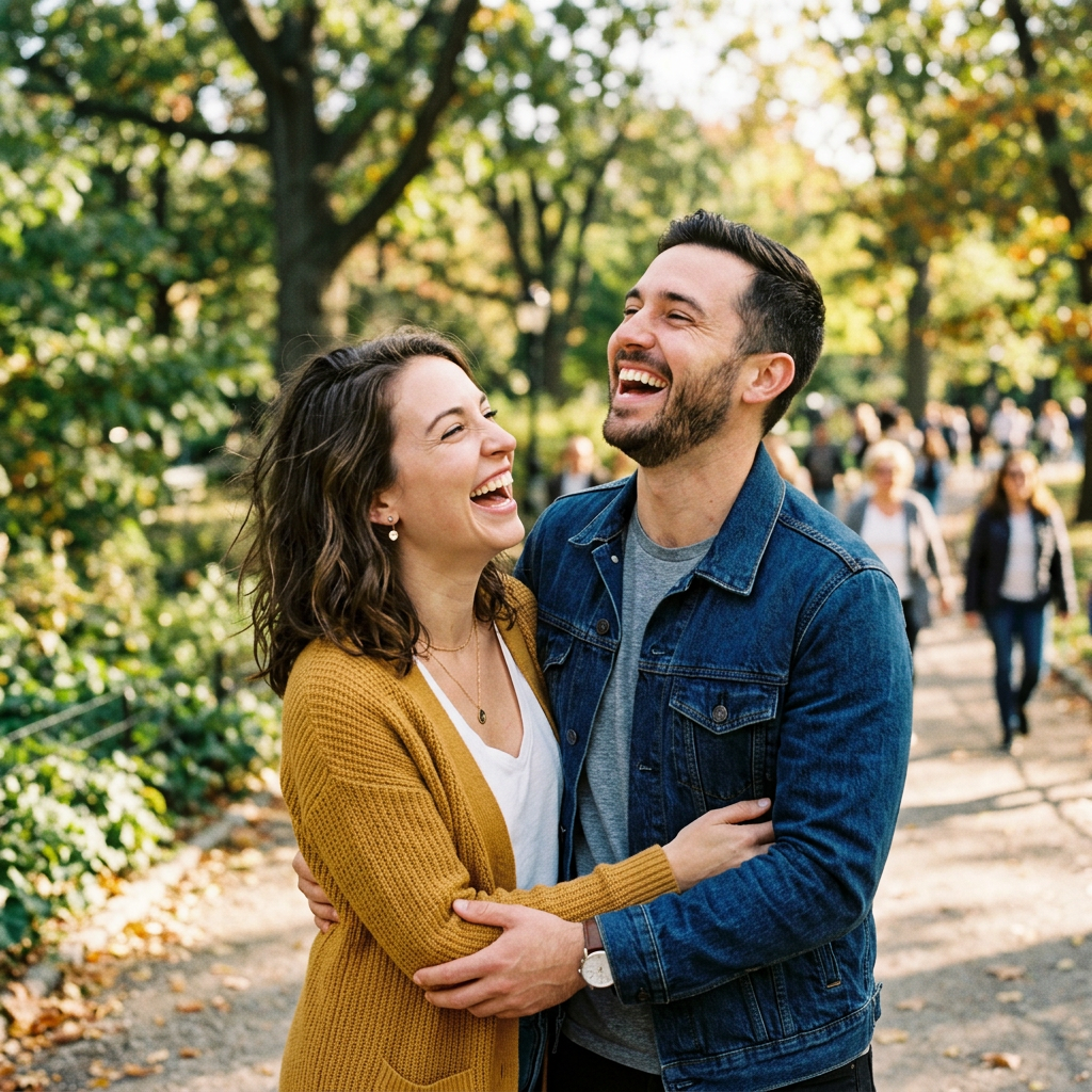 Laughing couple embracing on a sunlit park path