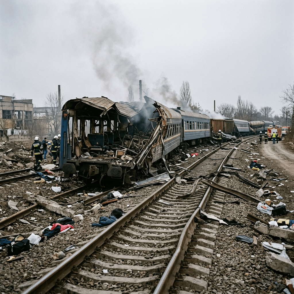 Damaged passenger train with smoke, debris, and emergency responders