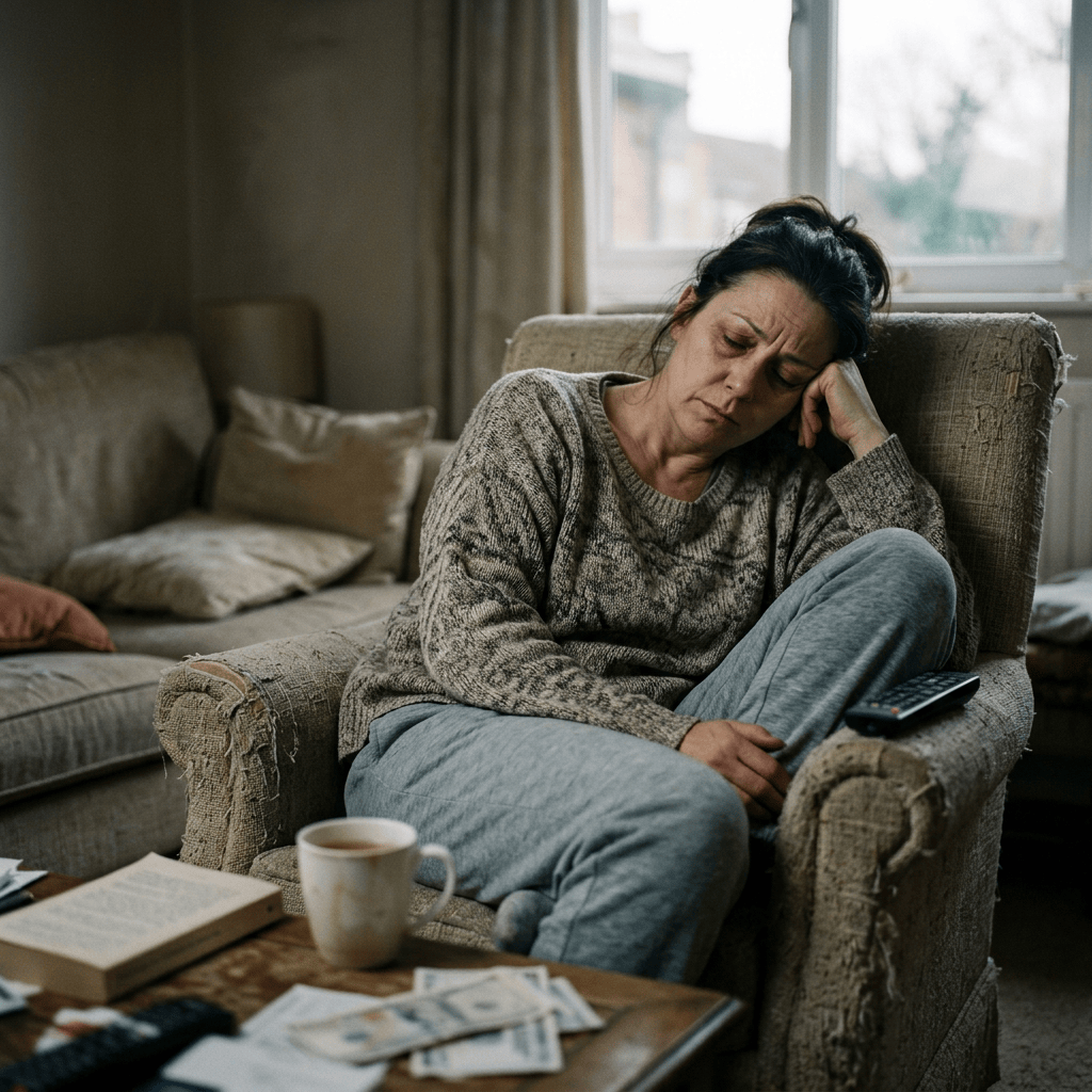 Tired woman sitting in chair beside bills, coffee, and remote control