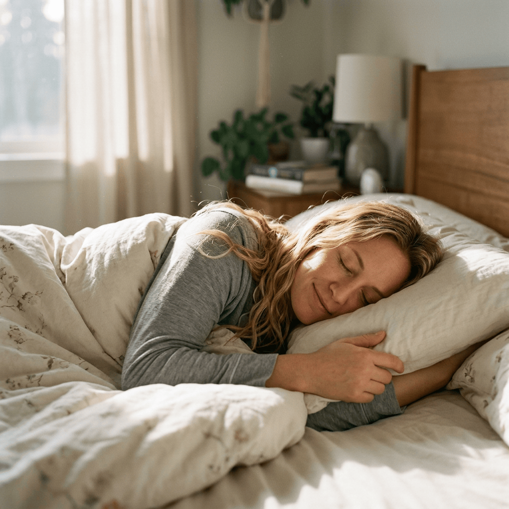 Woman sleeping on her side while hugging a pillow in bed