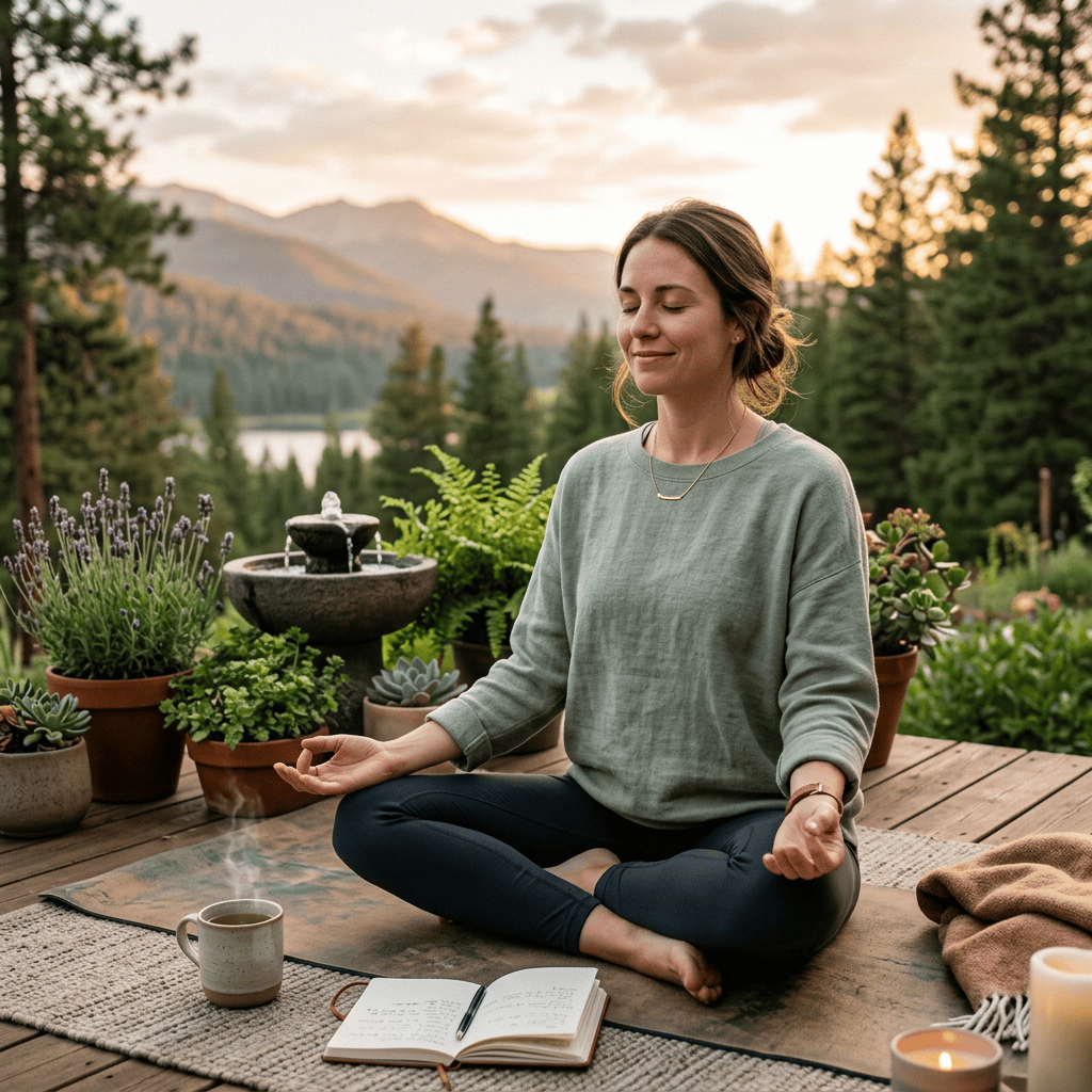 Woman meditating cross-legged on a deck overlooking a mountain lake
