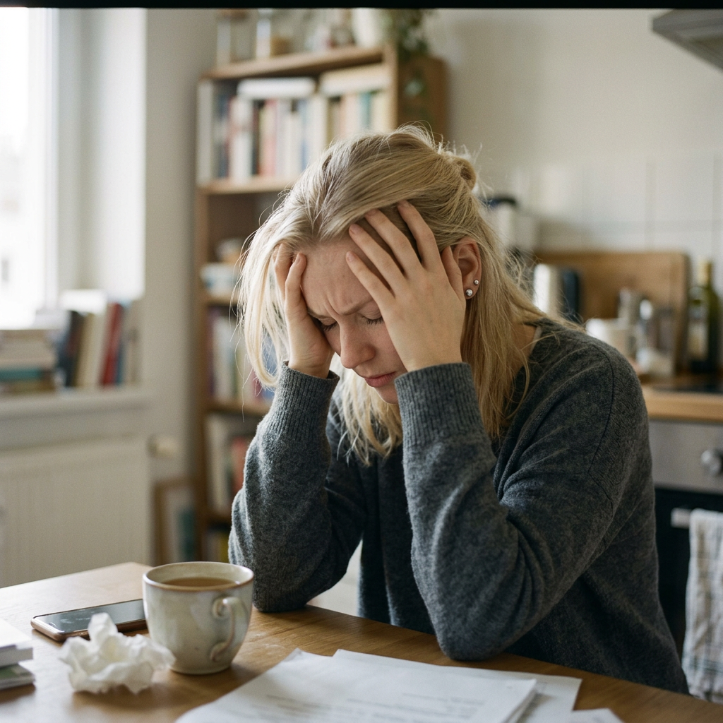 Woman holding her head at a kitchen table with paperwork and coffee