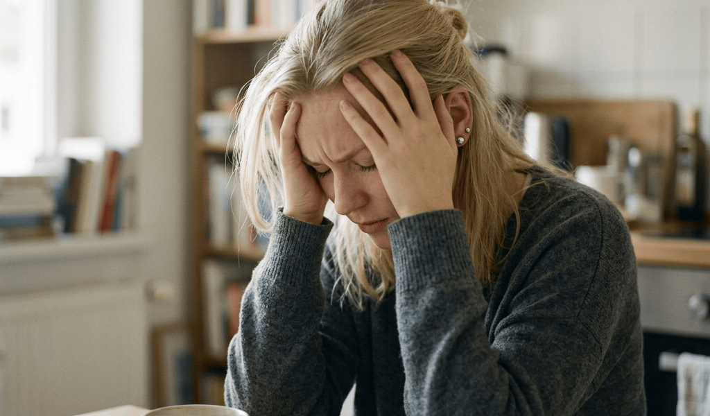 Woman holding her head at a kitchen table with paperwork and coffee