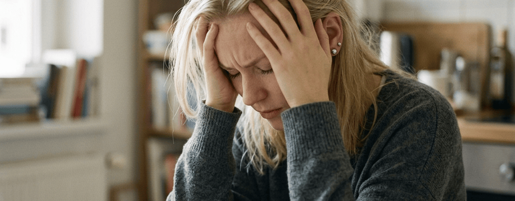 Woman holding her head at a kitchen table with paperwork and coffee