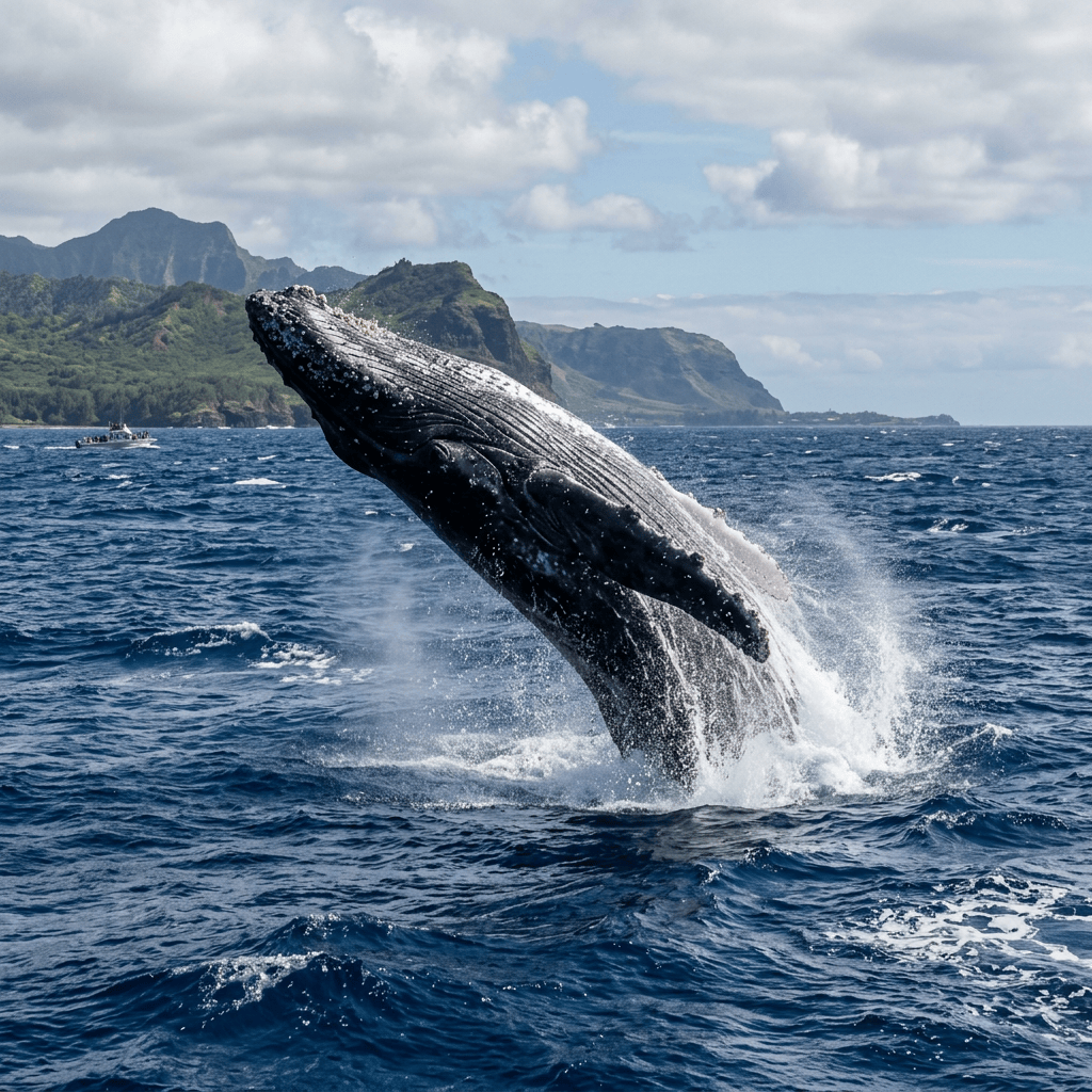 Humpback whale breaching from the ocean near a mountainous island