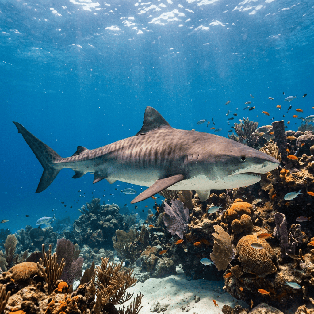Tiger shark swimming above a colorful coral reef with tropical fish