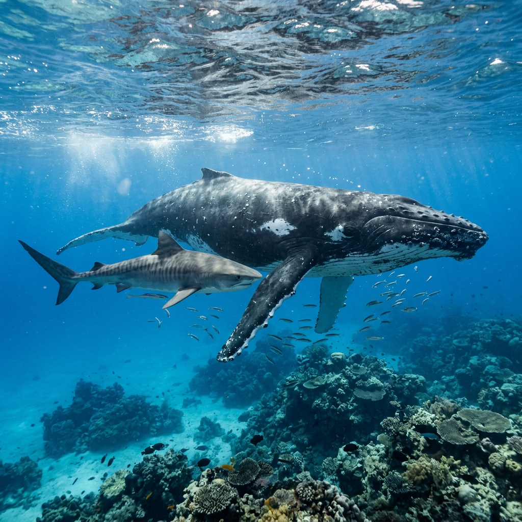 Humpback whale and shark swimming above a coral reef