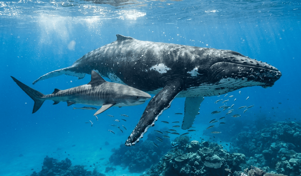 Humpback whale and shark swimming above a coral reef