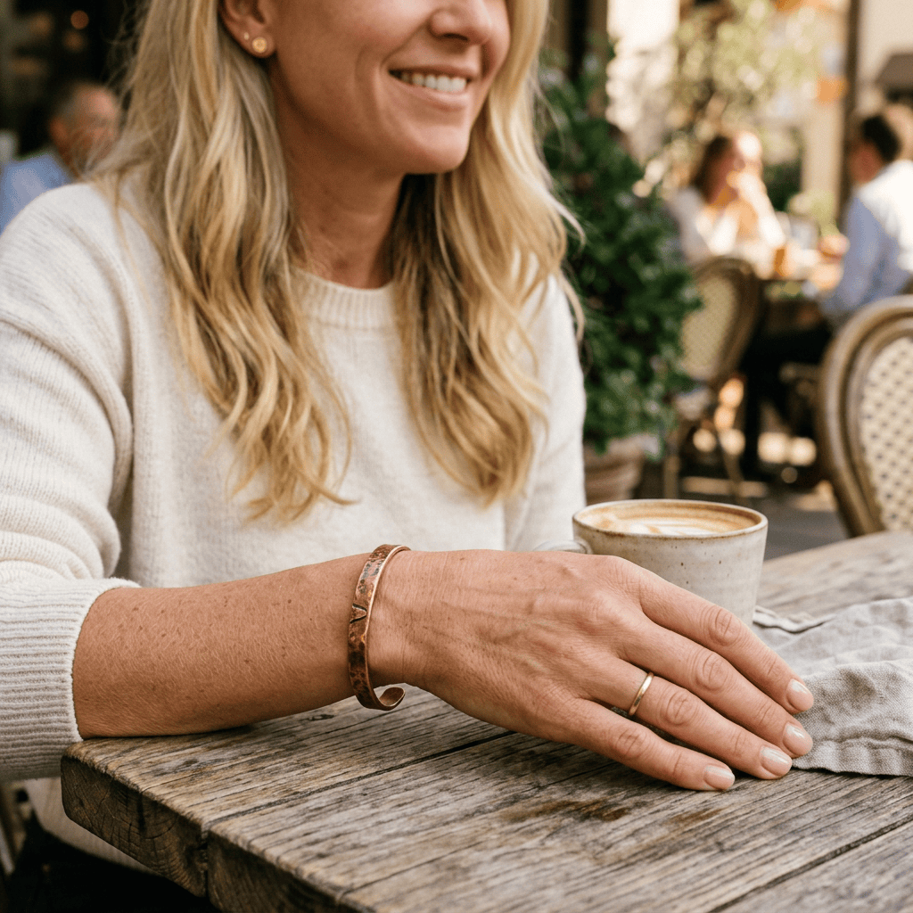 Smiling woman seated at a café table beside a latte
