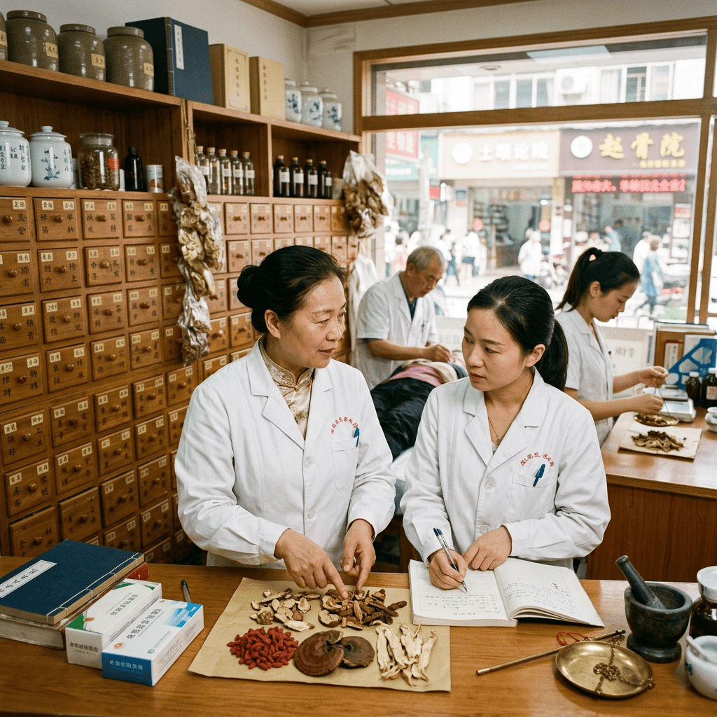 Two practitioners examining dried herbs at a traditional Chinese medicine shop