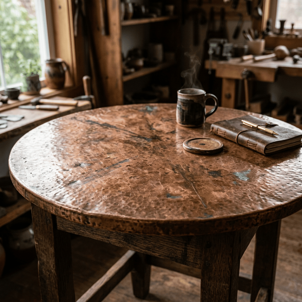 Steaming mug and leather notebook on a worn wooden workshop table