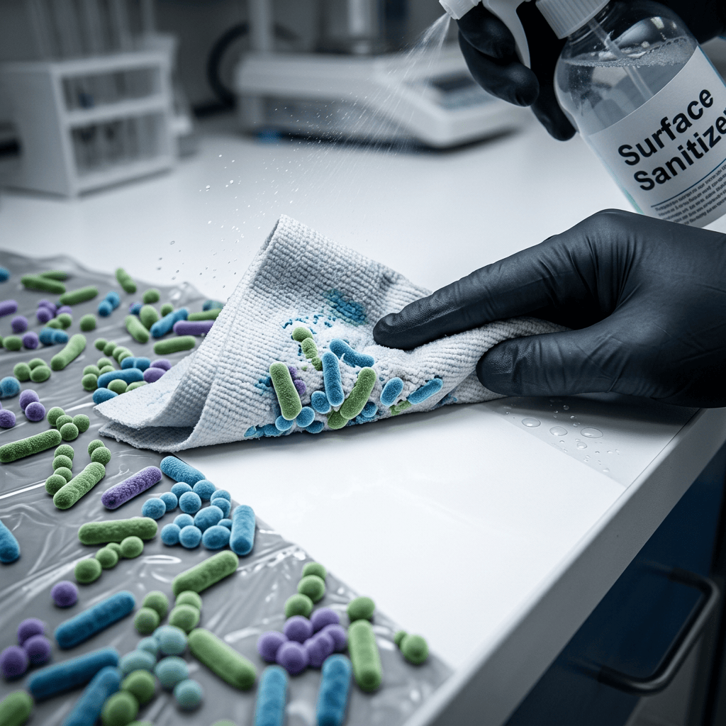 Gloved hand spraying surface sanitizer while wiping simulated microbes