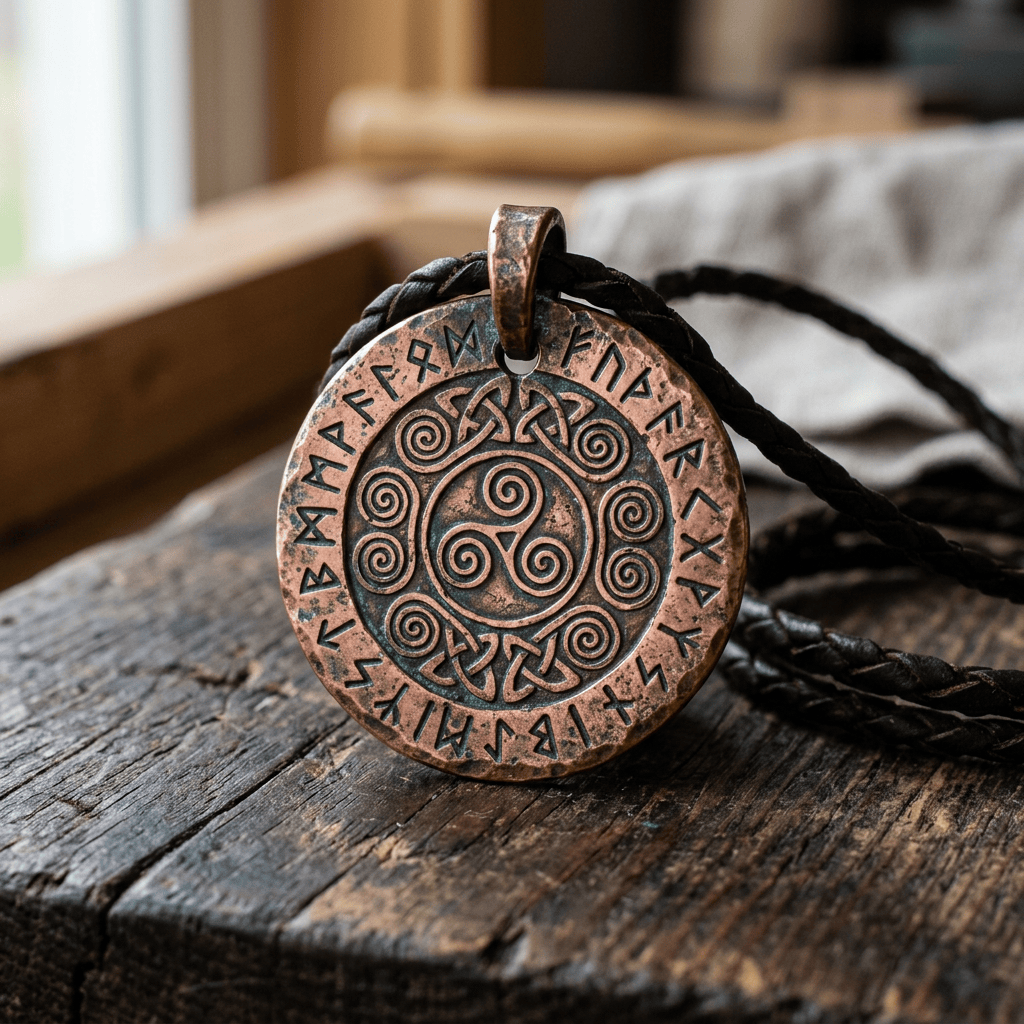 Copper rune pendant with spiral design on a braided black cord