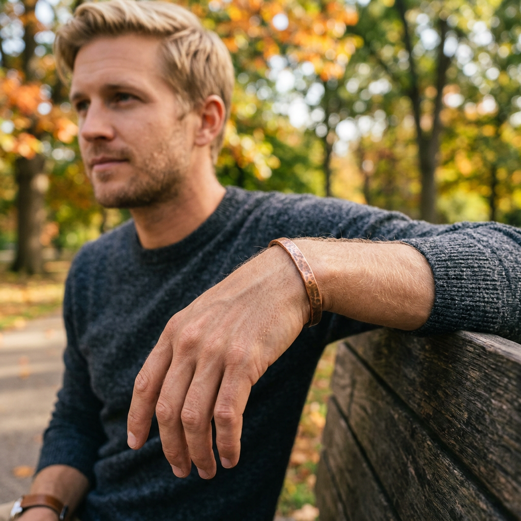 Man resting his arm on a park bench in an autumn setting