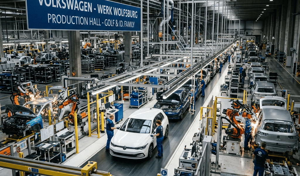Volkswagen Wolfsburg production hall assembling Golf and ID family vehicles