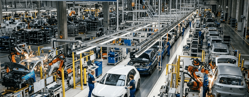 Volkswagen Wolfsburg production hall assembling Golf and ID family vehicles