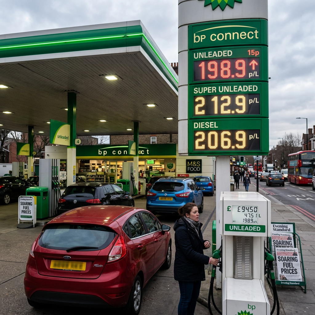 Busy BP Connect petrol station showing unleaded at 198.9p per litre