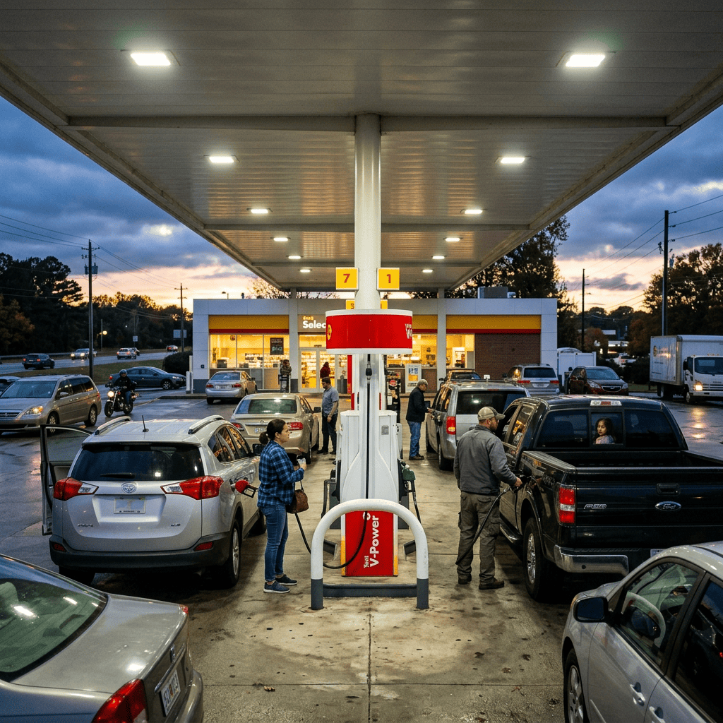 Busy gas station with cars refueling at dusk