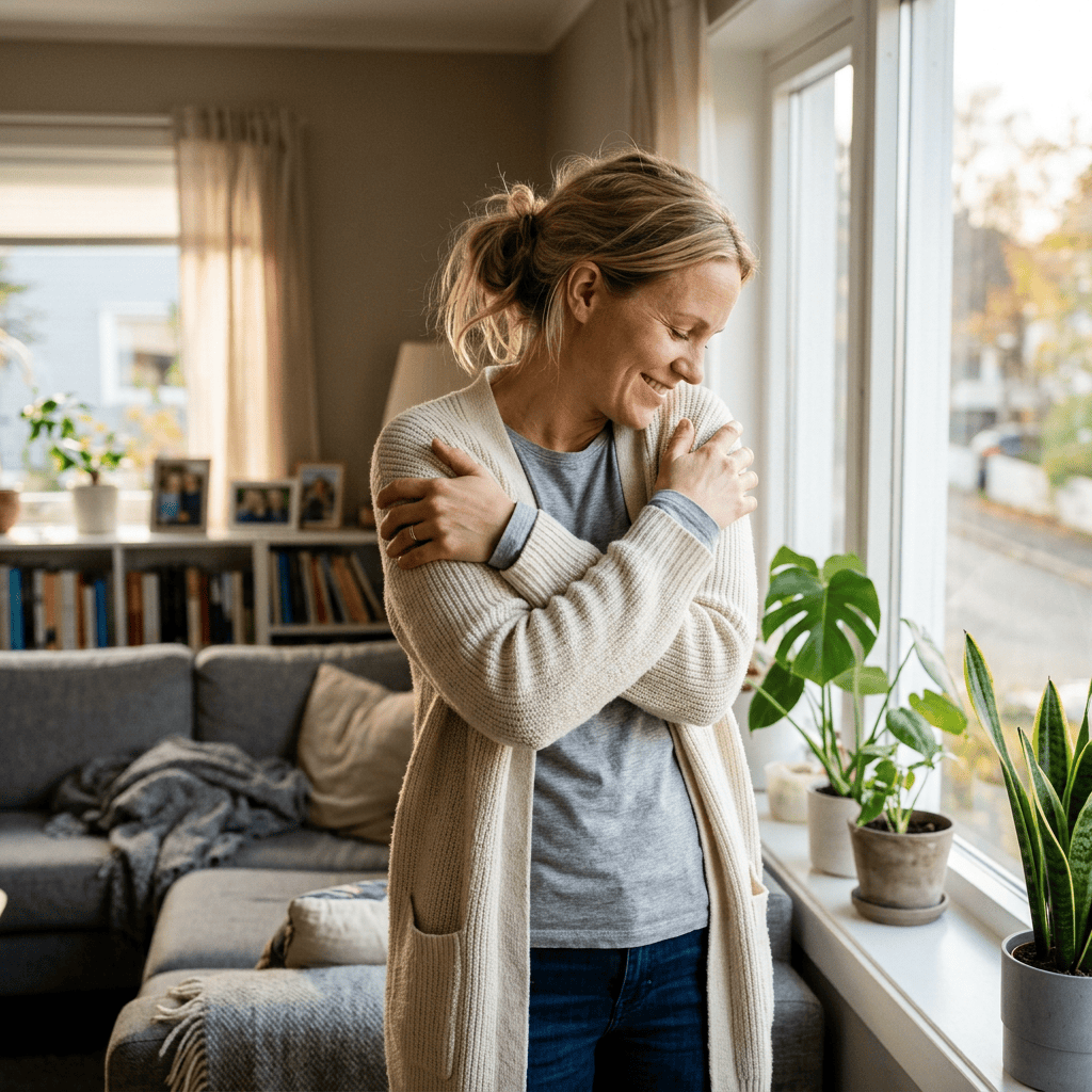 Woman embracing herself beside a bright window at home