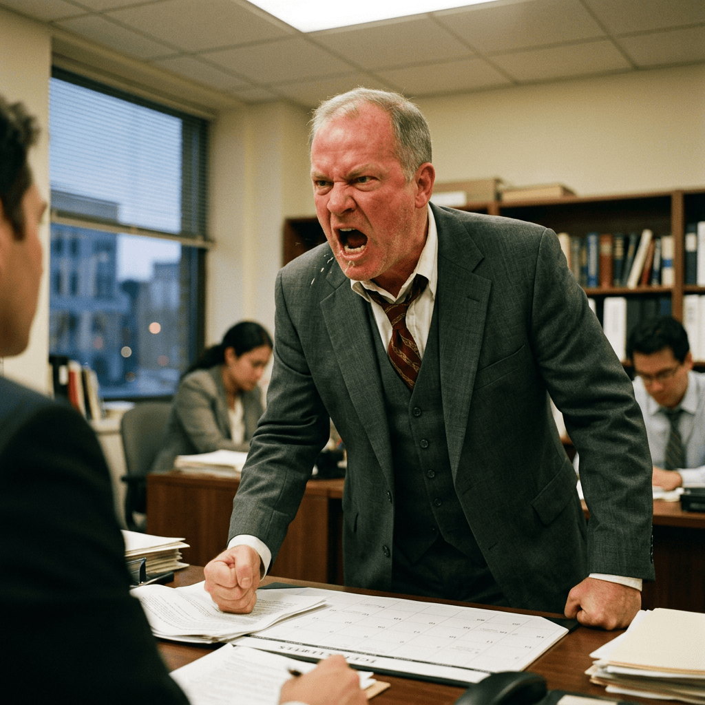 Angry manager shouting across a conference table in an office