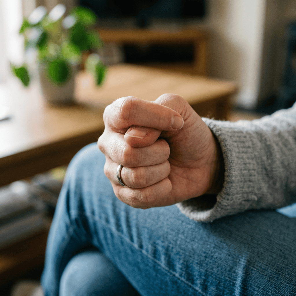 Hand holding a wedding ring while seated indoors
