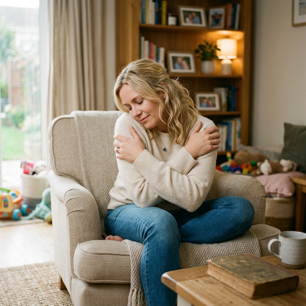 Woman sitting in an armchair and hugging herself in a cozy room