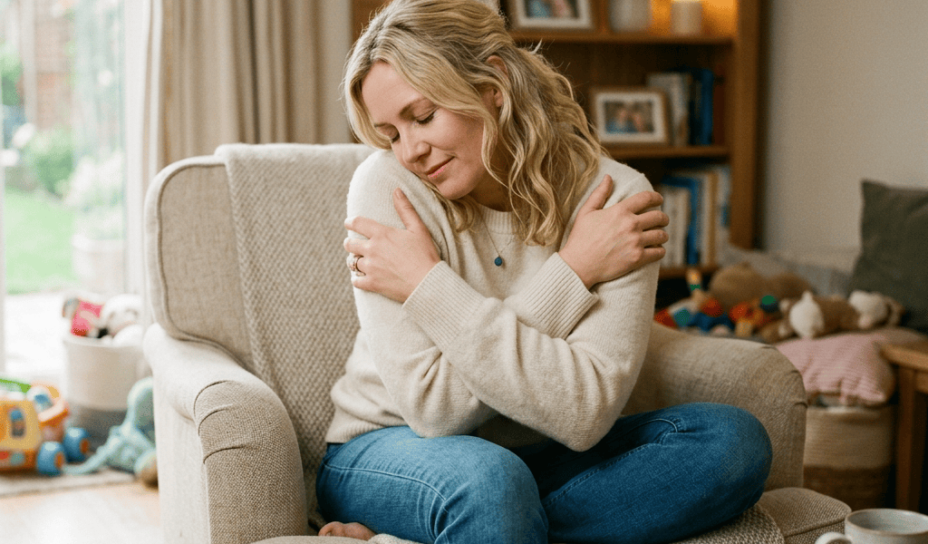 Woman sitting in an armchair and hugging herself in a cozy room