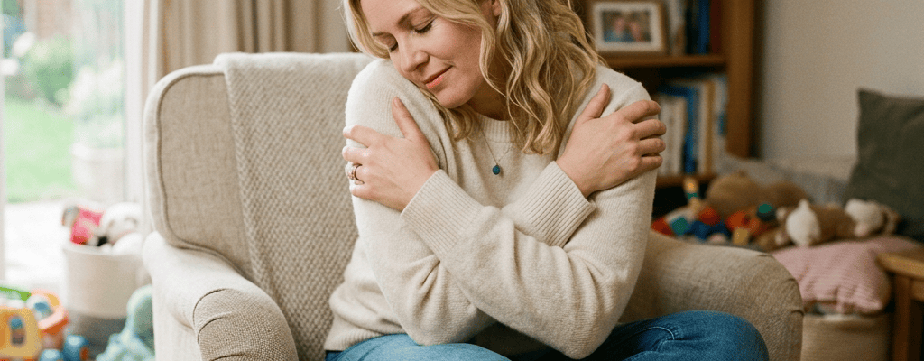 Woman sitting in an armchair and hugging herself in a cozy room