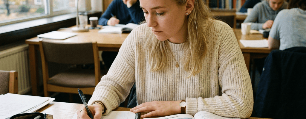Student writing Spanish notes at a library table with language books