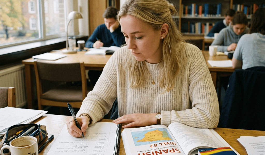 Student writing Spanish notes at a library table with language books
