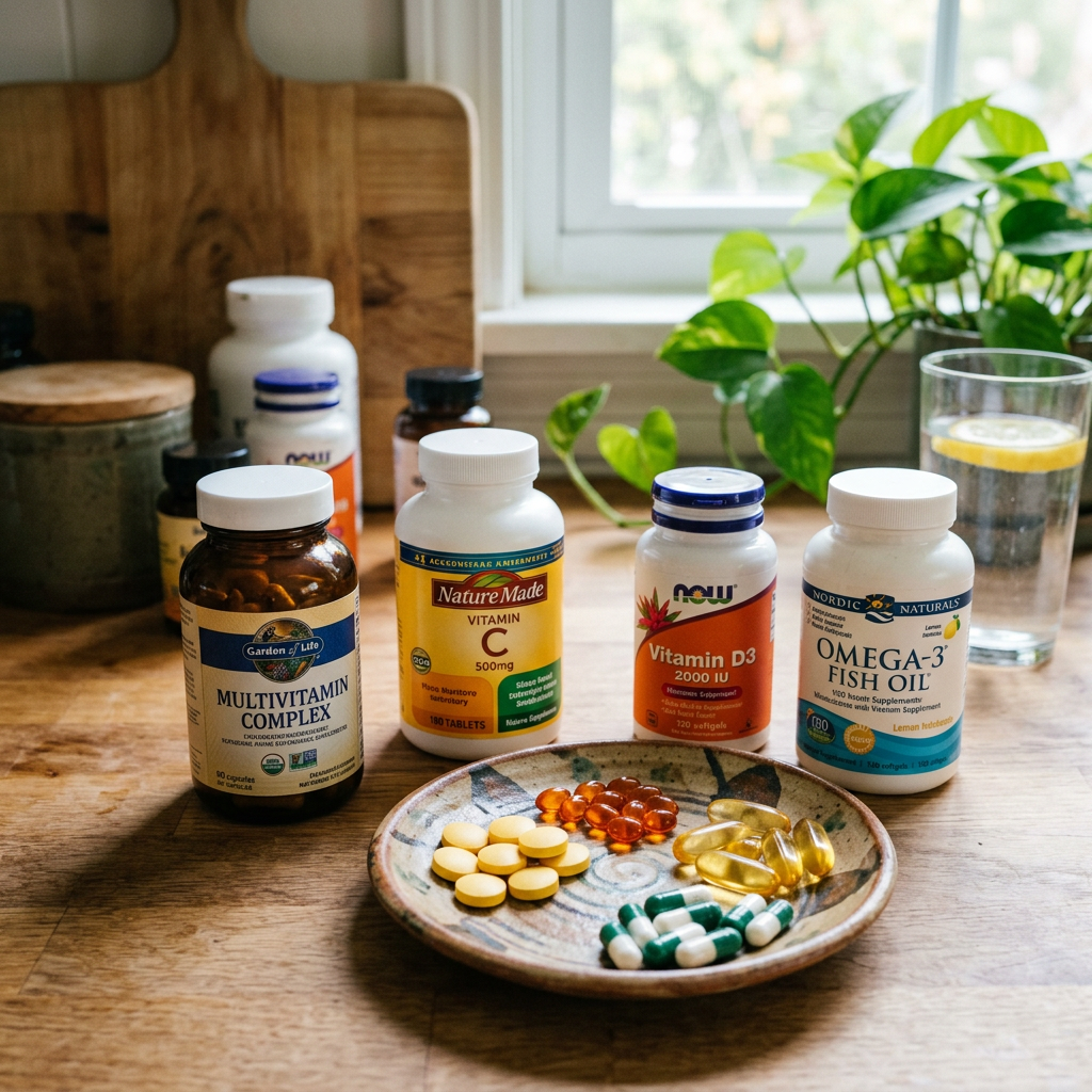 Vitamin bottles and assorted tablets and capsules on a plate